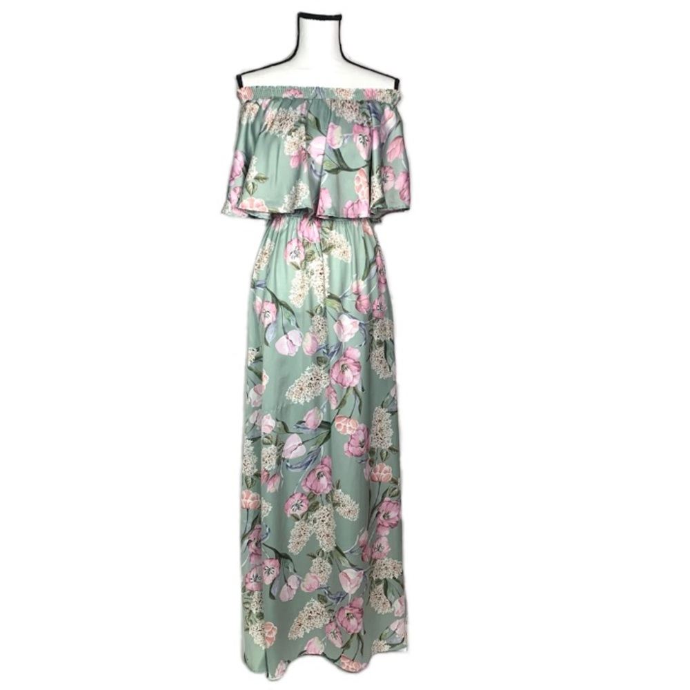 Show Me Your MuMu Primavera Green And Pink Floral Off The Shoulder Maxi Dress
